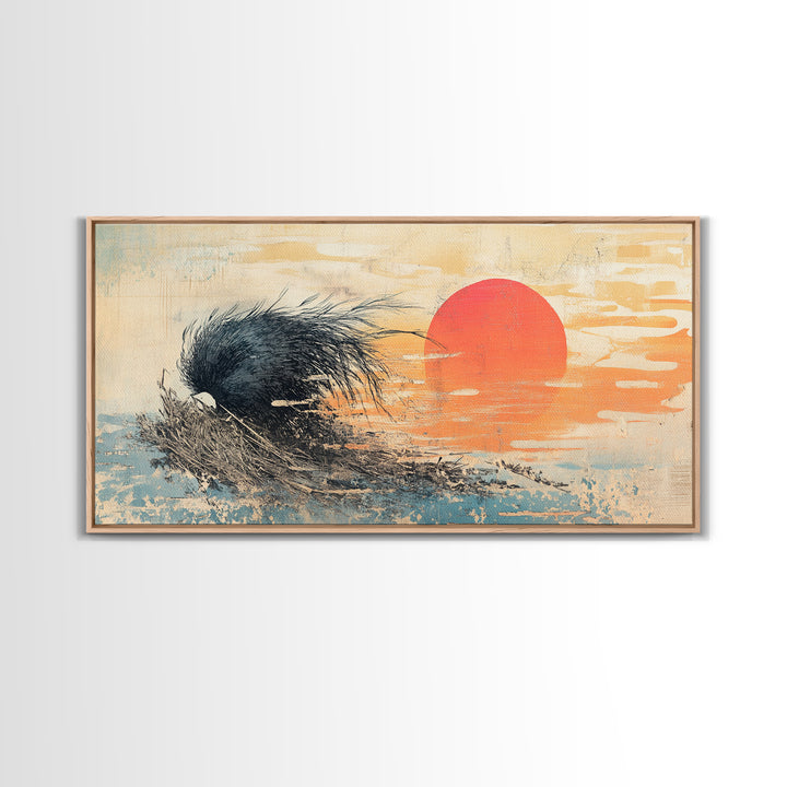 Black Abstract Wave And Red Sun Wall Art, Japanese Ocean Canvas Print, Minimalist Coastal Living Room Decor Gift For Him