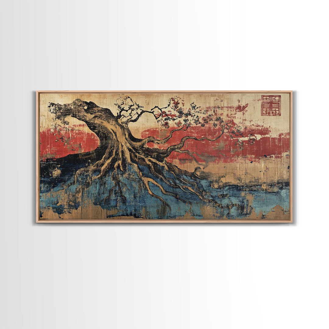 Ancient Tree Roots Over Blue Water Wall Art, Japanese Landscape Canvas Print, Zen Nature Decor And Rustic Home Decor Gift