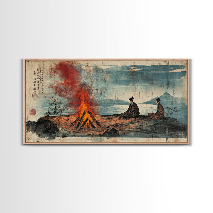 Samurai Figures By Campfire And Lake Wall Art, Japanese Landscape Canvas Print, Zen Rustic Home Decor, Travel Gift For Him