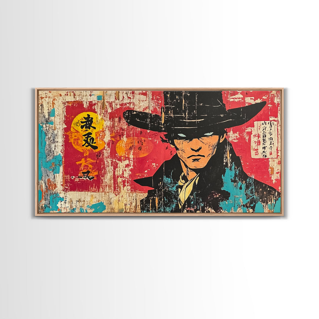 Stoic Asian Cowboy Portrait Wall Art, Samurai Western Canvas Print, Bold Red Black Decor, Masculine Office Art, Gift For Him