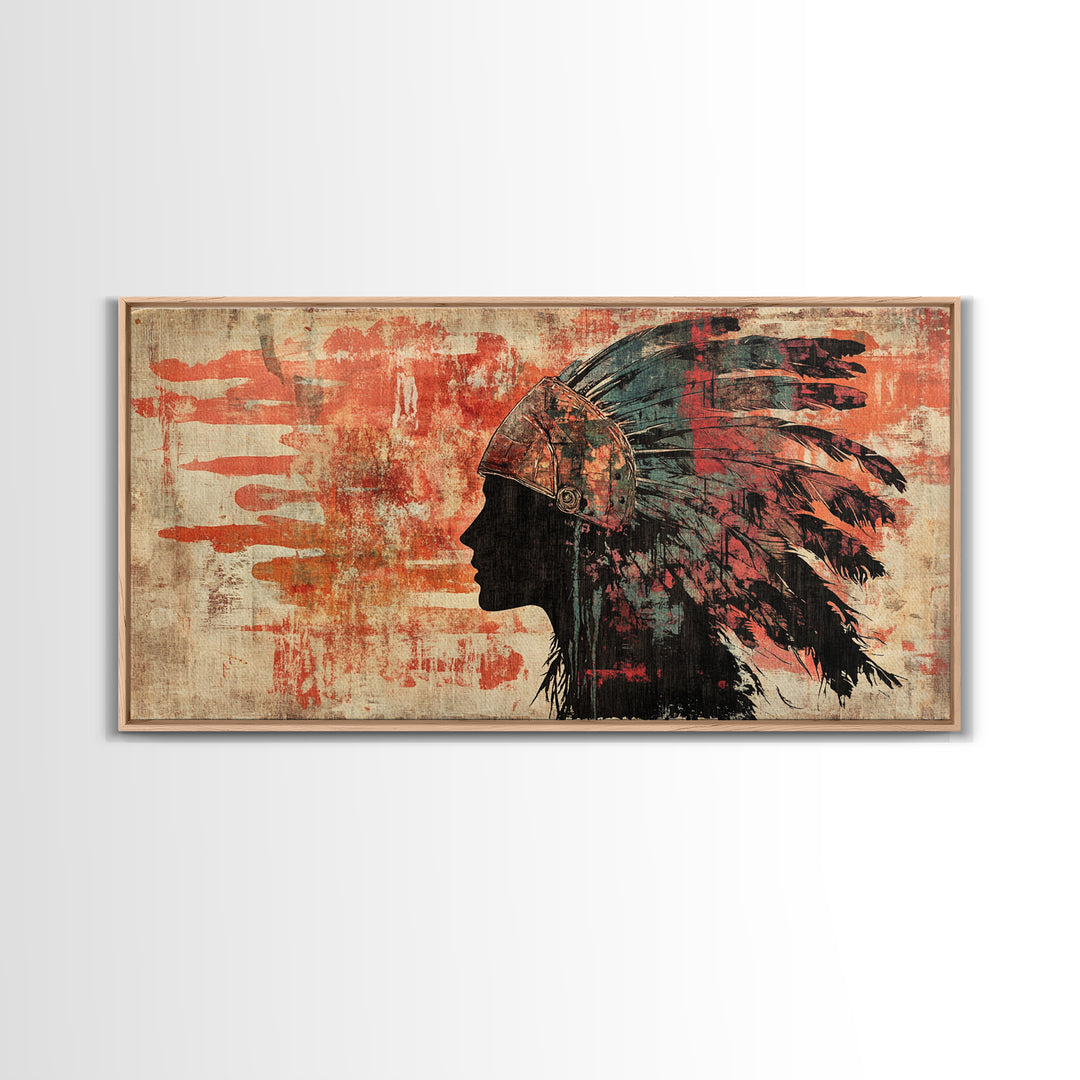 Indigenous Warrior Headdress Silhouette Wall Art, Tribal Canvas Print, Southwestern Decor, Rustic Western Living Room Art