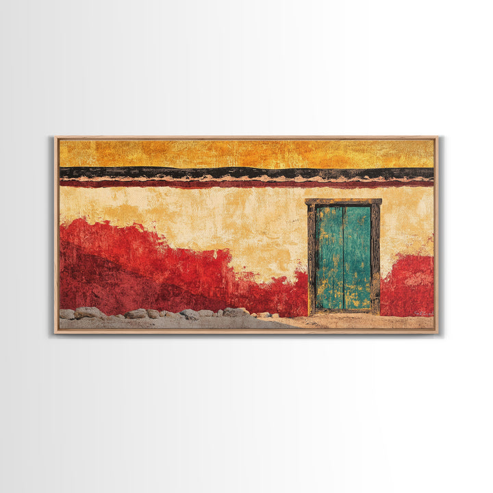 Turquoise Door Adobe Southwest Wall Art, Rustic Canvas Print, Mexican Courtyard Decor, Warm Entryway Living Room Art, Home Decor