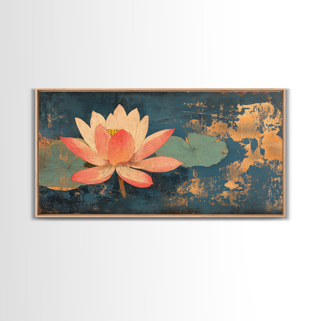Pink Lotus Flower On Teal Water Wall Art, Zen Canvas Print, Botanical Asian Decor, Meditation Room Spa Wall Decor, Calming Art