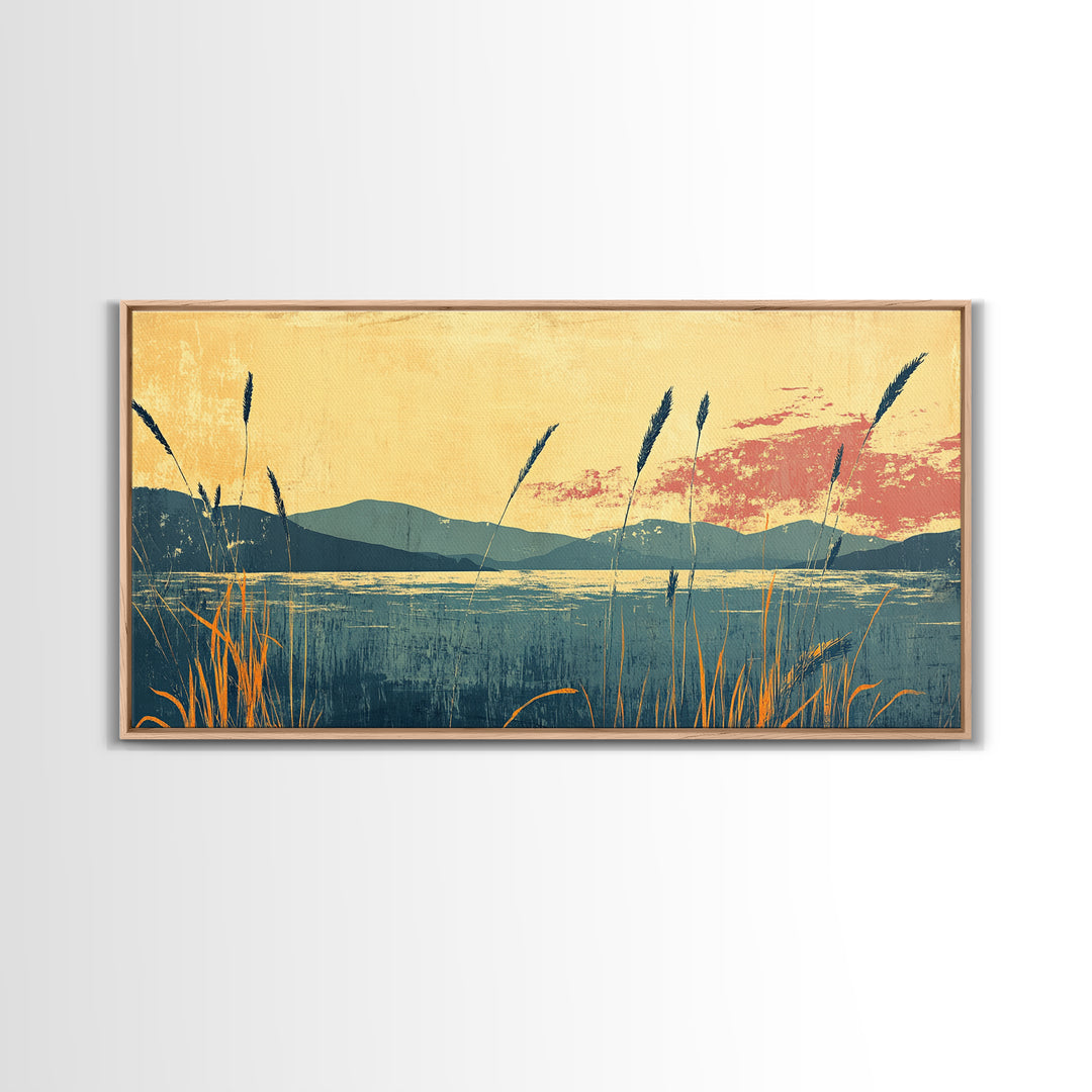 Reeds By Mountain Lake Sunset Wall Art, Serene Landscape Canvas Print, Nature Decor, Large Horizontal Living Room Art, Home Decor