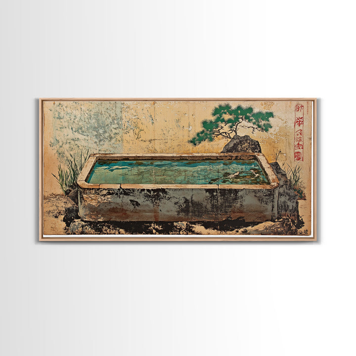 Japanese Stone Water Trough Garden Wall Art, Zen Framed Canvas Print, Bonsai Decor, Spa Meditation Room Wall Decor, Japandi Decor