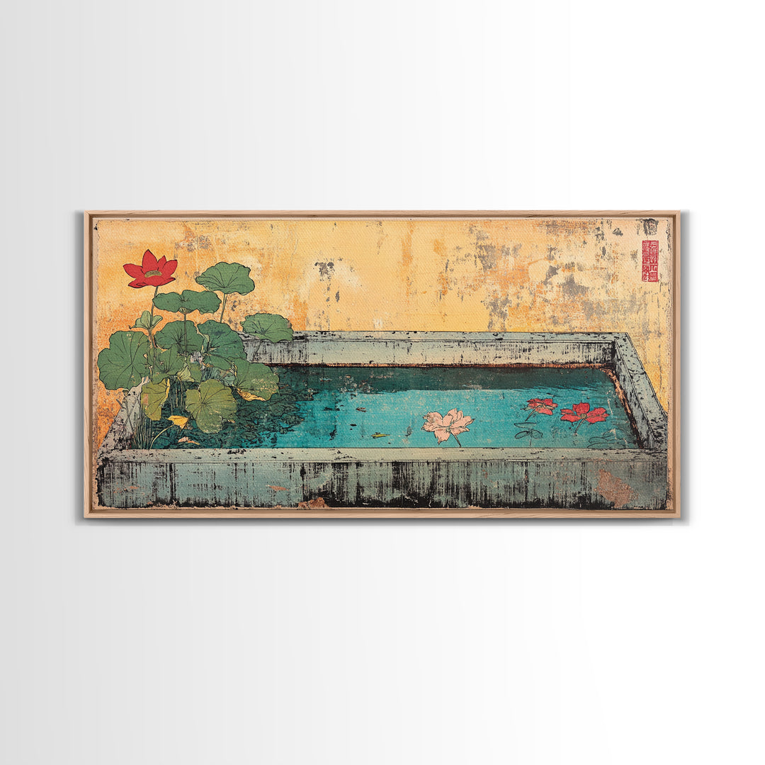 Lotus Koi Pond Garden Basin Wall Art, Japanese Canvas Print, Botanical Zen Decor, Spa Bathroom Living Room Wall Decor, Home Decor