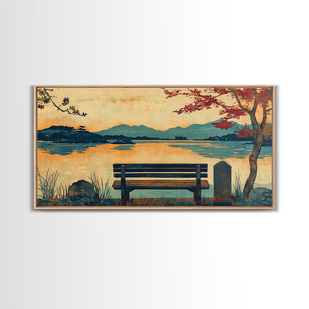 Autumn Lakeside Bench Mountain View Wall Art, Landscape Canvas Print, Rustic Cabin Decor, Serene Living Room Art, Home Decor