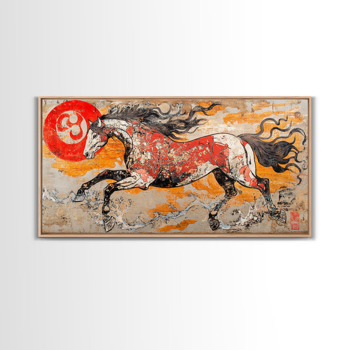 Galloping Horse And Red Sun Wall Art, Japanese Style Canvas Print, Equestrian Decor, Western Living Room Art, Home Decor Gift
