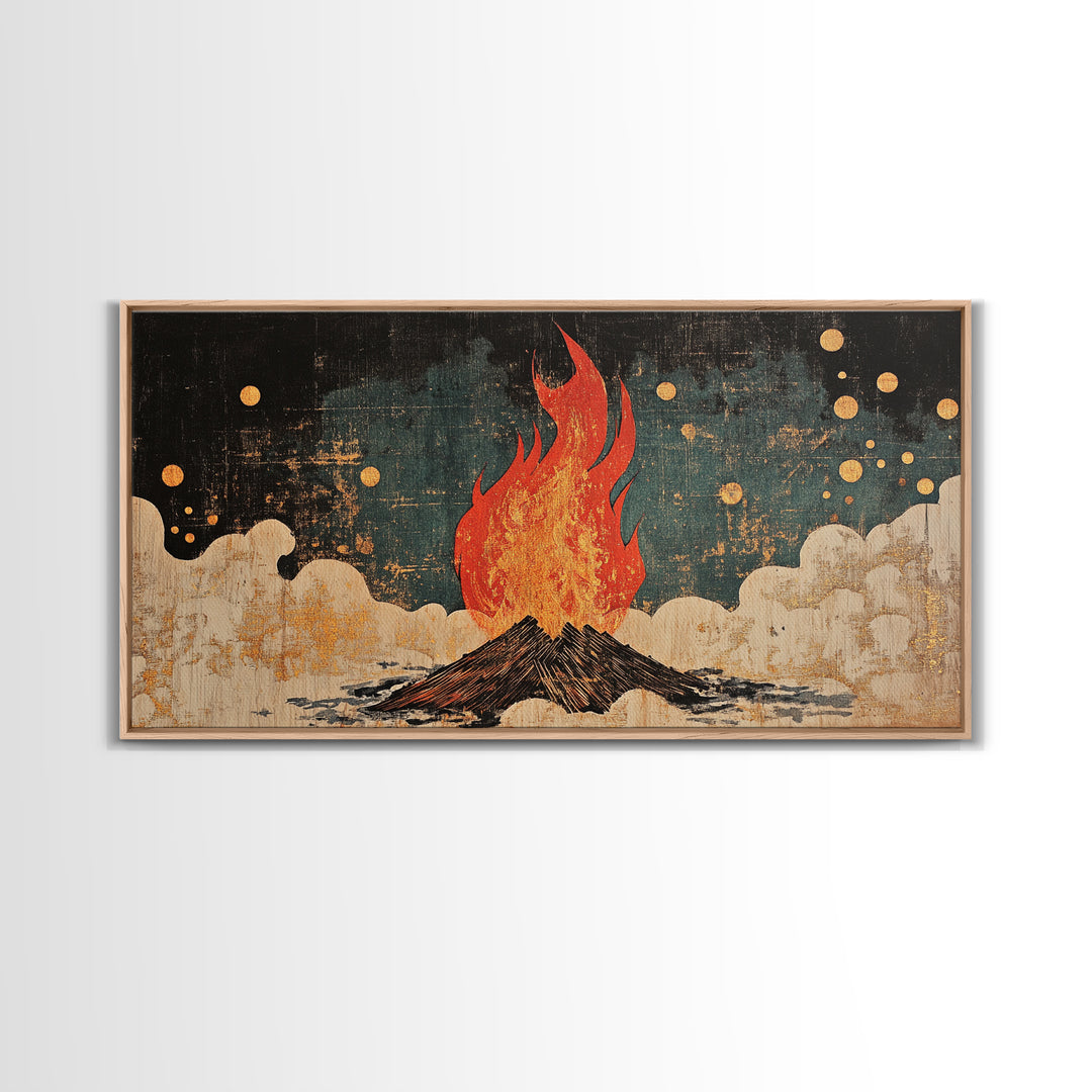 Blazing Campfire Under Moonlit Sky Wall Art, Dark Folk Art Print, Celestial Boho Decor, Rustic Cabin Lodge Home Decor Framed Canvas
