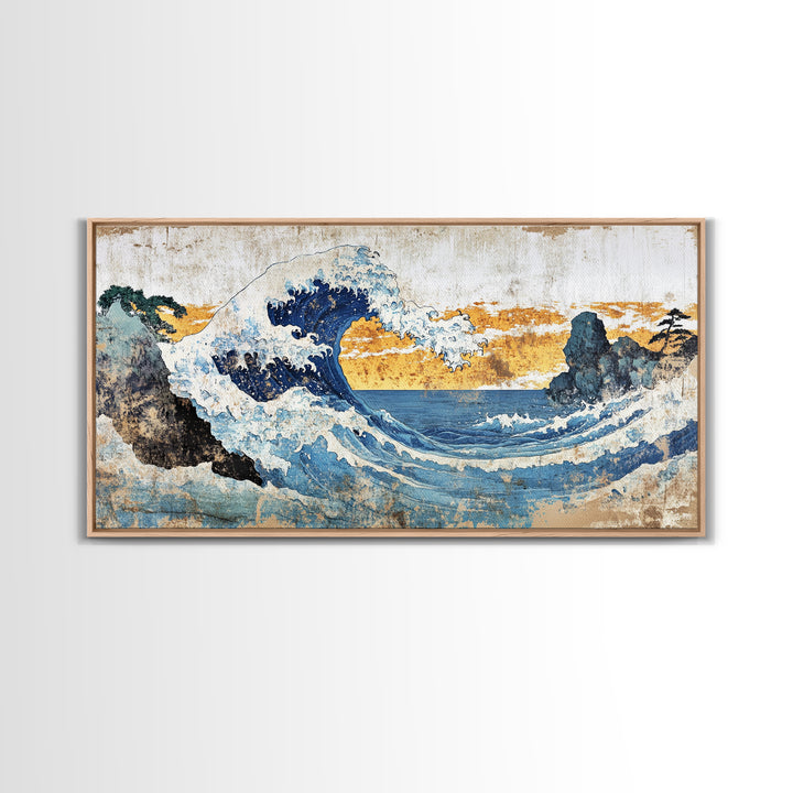 Crashing Ocean Wave Between Rocks Wall Art, Japanese Seascape Print, Coastal Decor, Nautical Living Room Framed Canvas Print