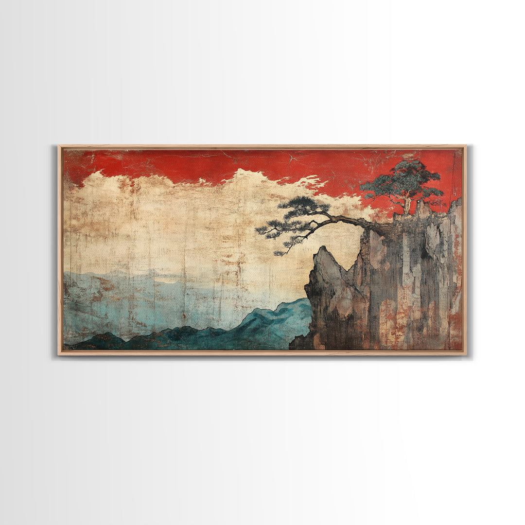 Red Sky Cliff And Pine Mountain Wall Art, Japanese Landscape Print, Moody Nature Decor, Large Japandi Living Room Framed Canvas