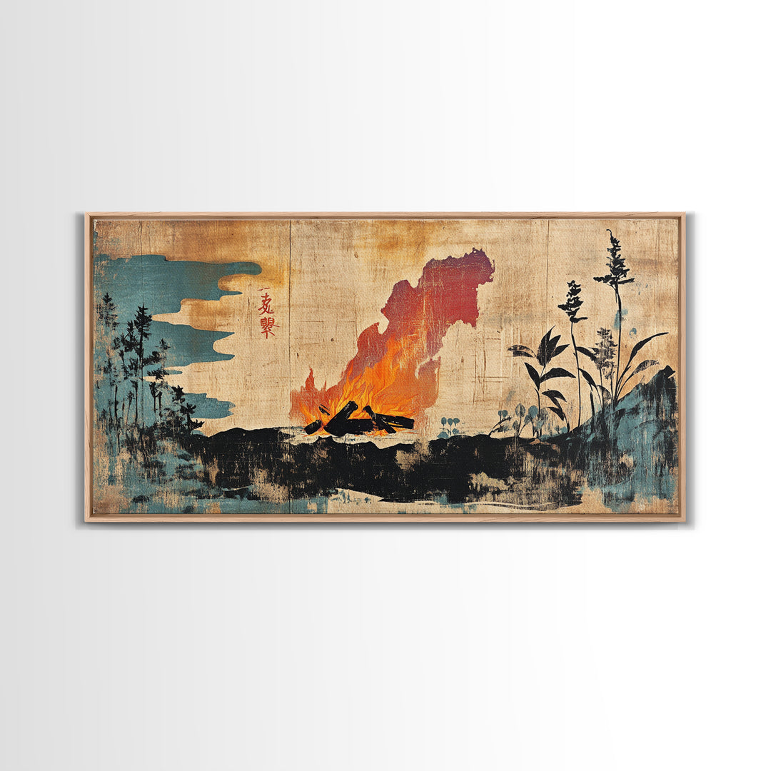 Erupting Volcano With Dark Forest Silhouette Wall Art, Japanese Landscape Canvas Print For Moody Office Decor And Home Decor