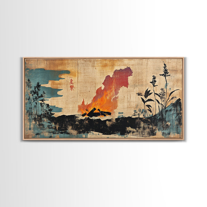 Erupting Volcano With Dark Forest Silhouette Wall Art, Japanese Landscape Canvas Print For Moody Office Decor And Home Decor