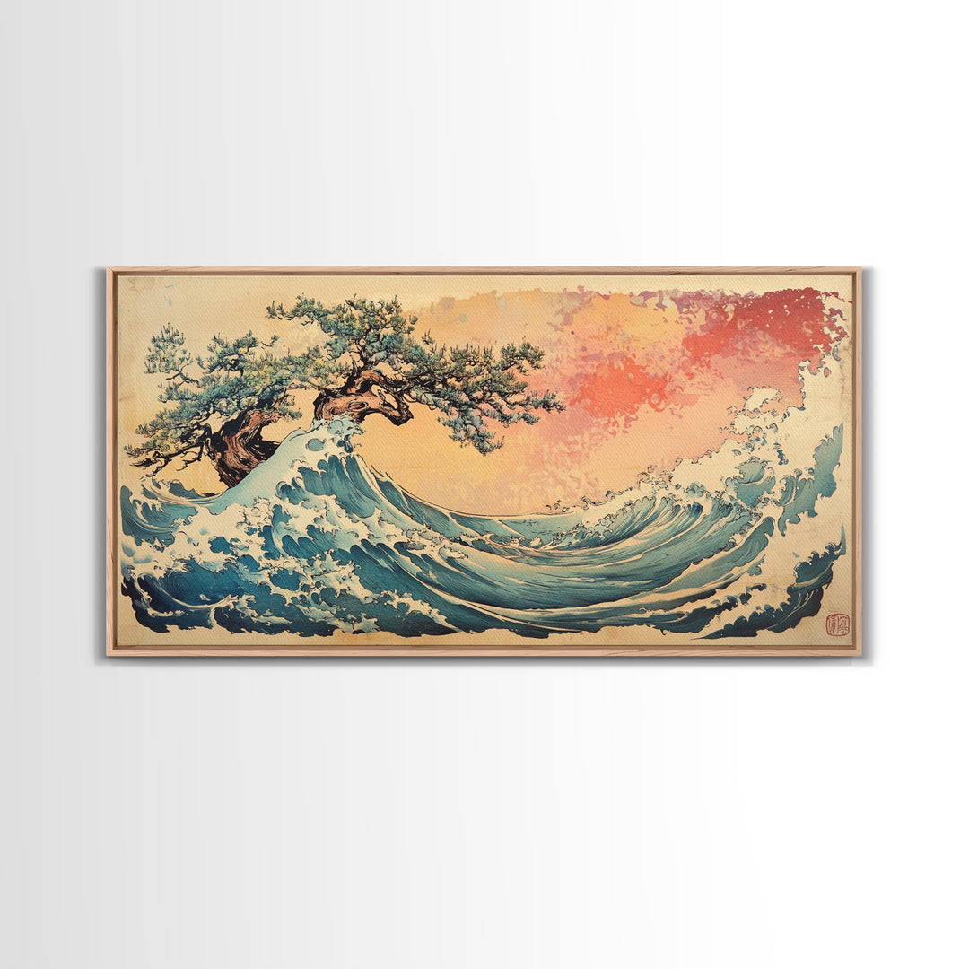 Great Wave With Wind Swept Pine Tree Wall Art, Japanese Ocean Canvas Print For Coastal Decor And Modern Living Room Wall Decor