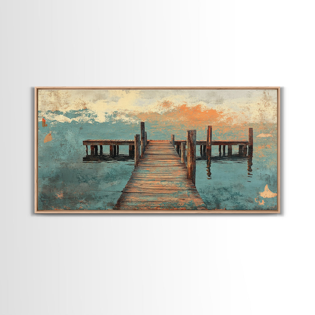 Weathered Wooden Dock Over Calm Water Wall Art, Coastal Canvas Print For Lake House Decor And Nautical Living Room Decor