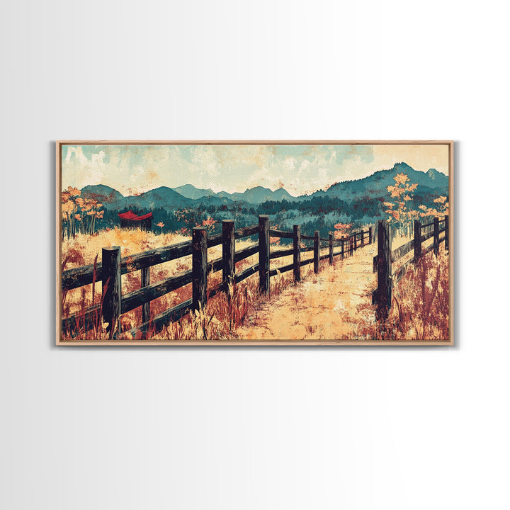 Mountain Fence Path Through Autumn Fields Wall Art, Rustic Landscape Canvas Print For Farmhouse Decor And Entryway Decor