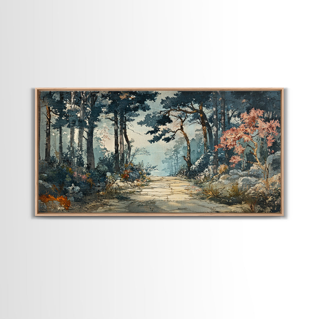 Misty Forest Path With Pink Blossoms Wall Art, Moody Woodland Canvas Print For Nature Decor And Serene Living Room Decor