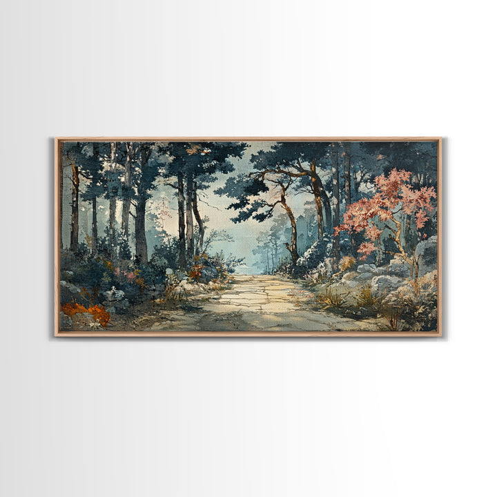 Misty Forest Path With Pink Blossoms Wall Art, Moody Woodland Canvas Print For Nature Decor And Serene Living Room Decor