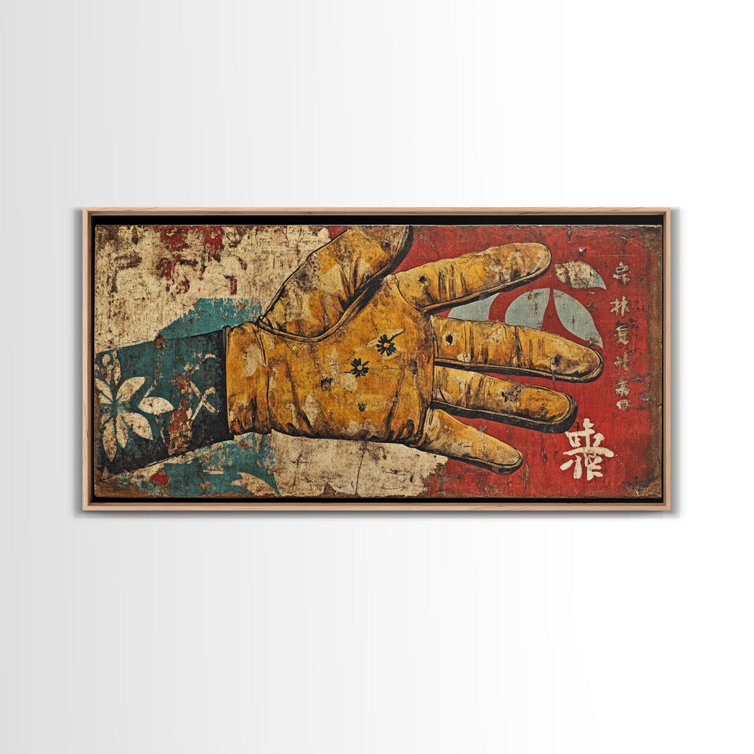 Antique Illustrated Gloved Hand On Red Teal Ground Wall Art, Surreal Canvas Print For Eclectic Decor And Statement Wall Decor