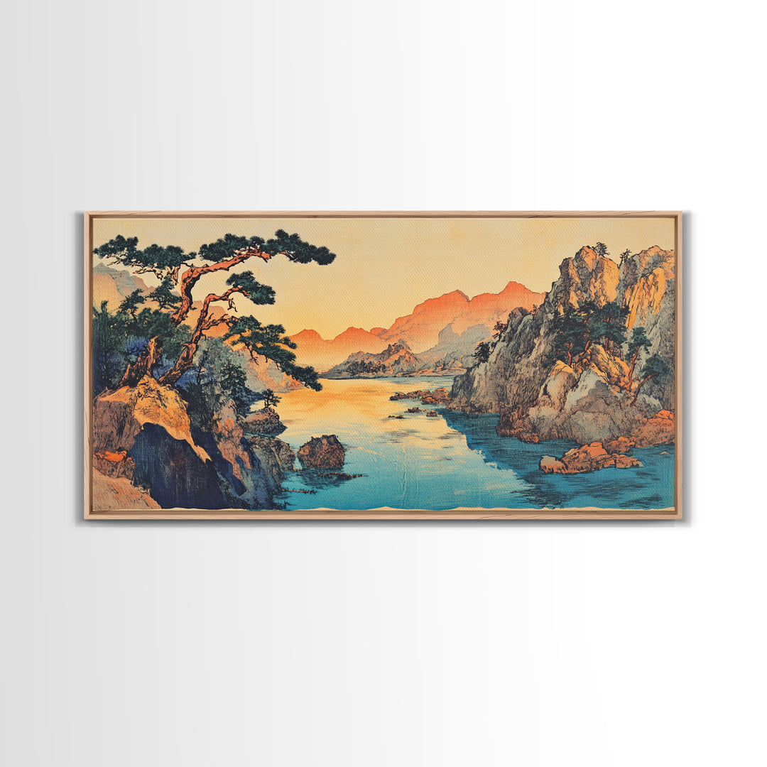 Serene Asian River Valley With Pine And Cliffs Framed Canvas Print, Japanese Landscape Art, Coastal Wall Decor, Zen Home Decor