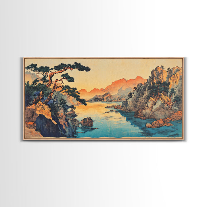 Serene Asian River Valley With Pine And Cliffs Framed Canvas Print, Japanese Landscape Art, Coastal Wall Decor, Zen Home Decor