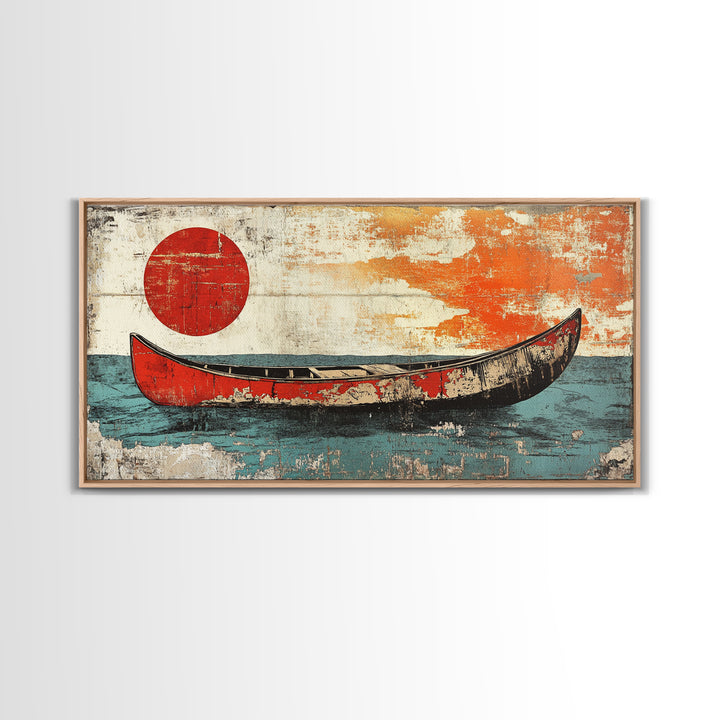 Weathered Red Canoe Beneath Rising Sun Canvas Print, Nautical Wall Art, Minimalist Ocean Art, Coastal Lake House Decor, Gift For Him