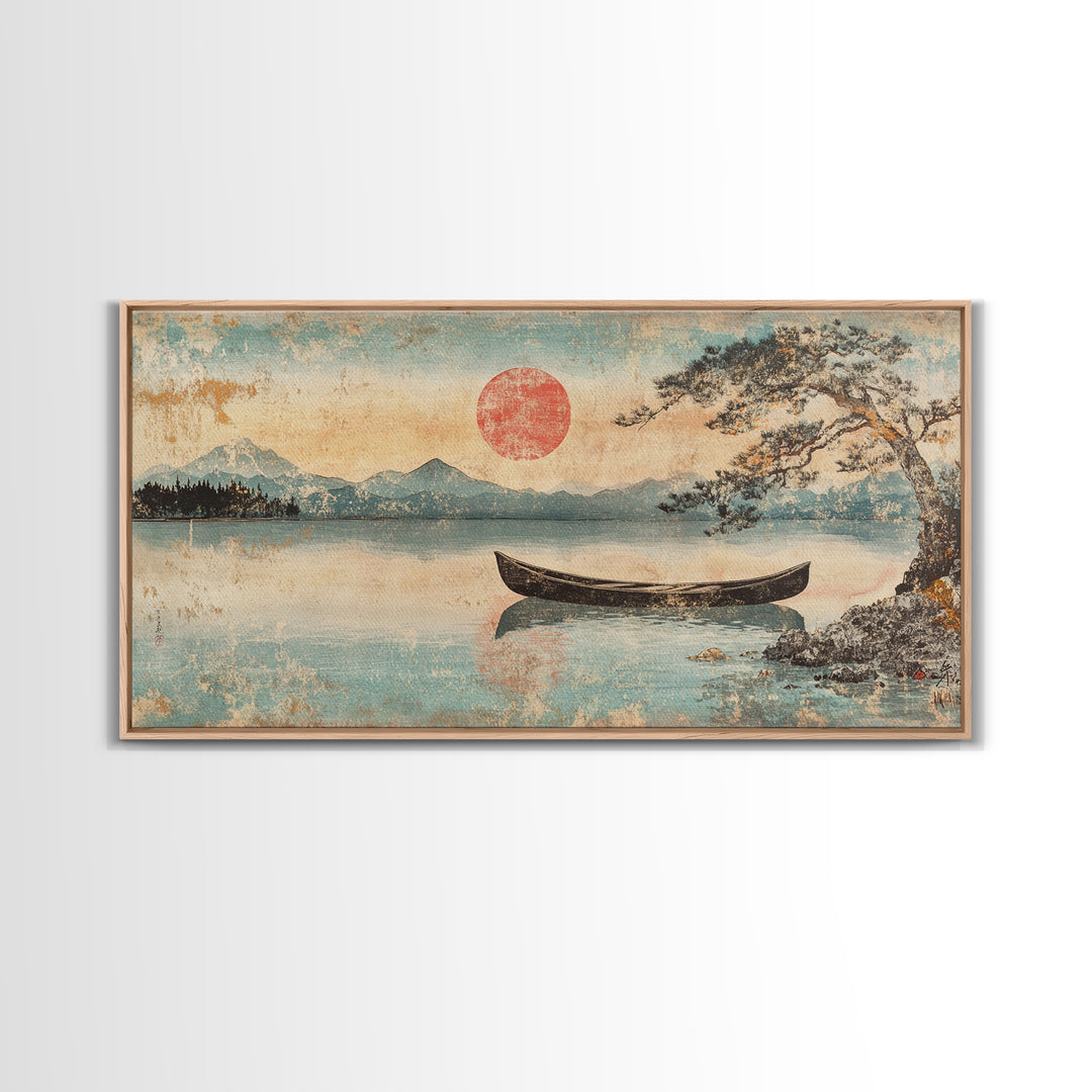 Quiet Canoe On Misty Mountain Lake Wall Art, Japanese Landscape Print, Serene Nature Home Decor, Above Bed Horizontal Art