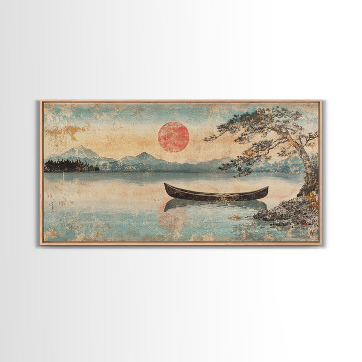 Quiet Canoe On Misty Mountain Lake Wall Art, Japanese Landscape Print, Serene Nature Home Decor, Above Bed Horizontal Art