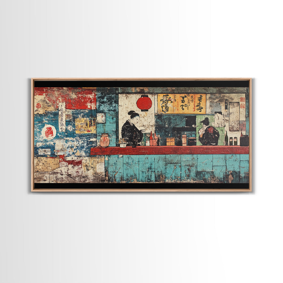 Retro Japanese Ramen Shop With Chef And Diner Canvas Print, Kitchen Wall Art, Restaurant Decor, Asian Food Poster, Home Decor