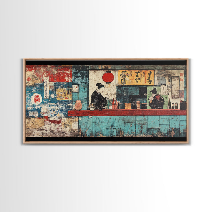 Retro Japanese Ramen Shop With Chef And Diner Canvas Print, Kitchen Wall Art, Restaurant Decor, Asian Food Poster, Home Decor
