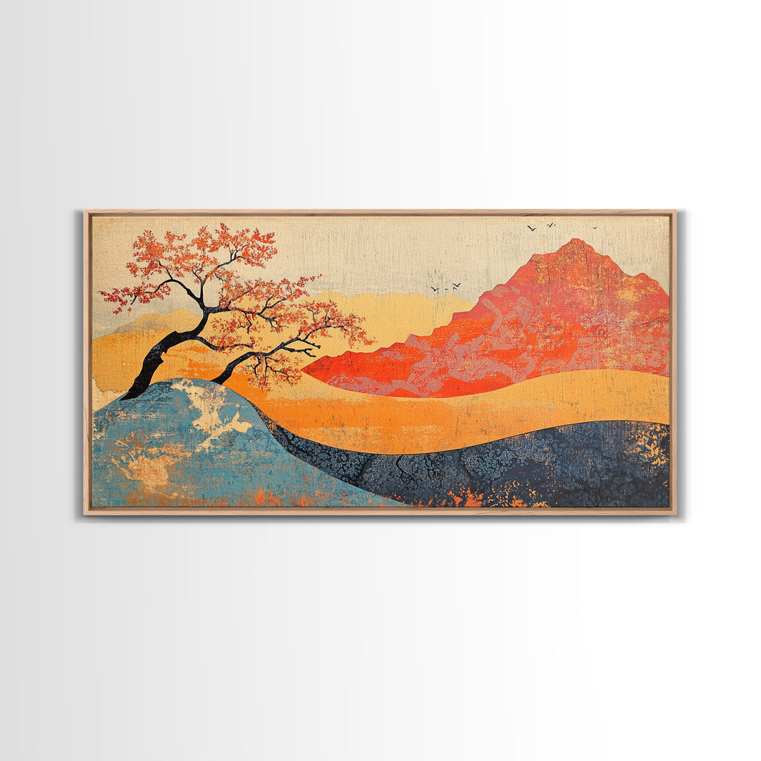 Red Mountain And Blossoming Tree Wall Art, Japanese Landscape Canvas Decor, Abstract Nature Print For Bedroom Or Office Decor