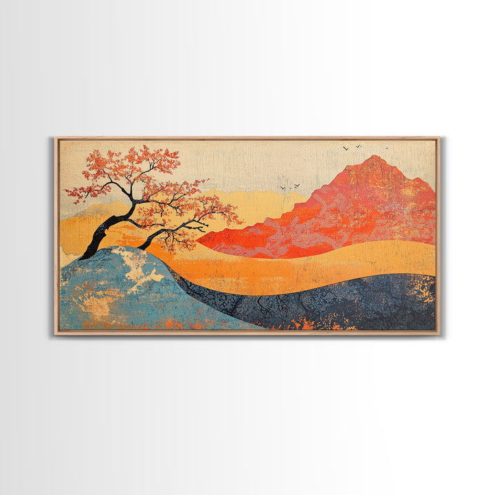 Red Mountain And Blossoming Tree Wall Art, Japanese Landscape Canvas Decor, Abstract Nature Print For Bedroom Or Office Decor