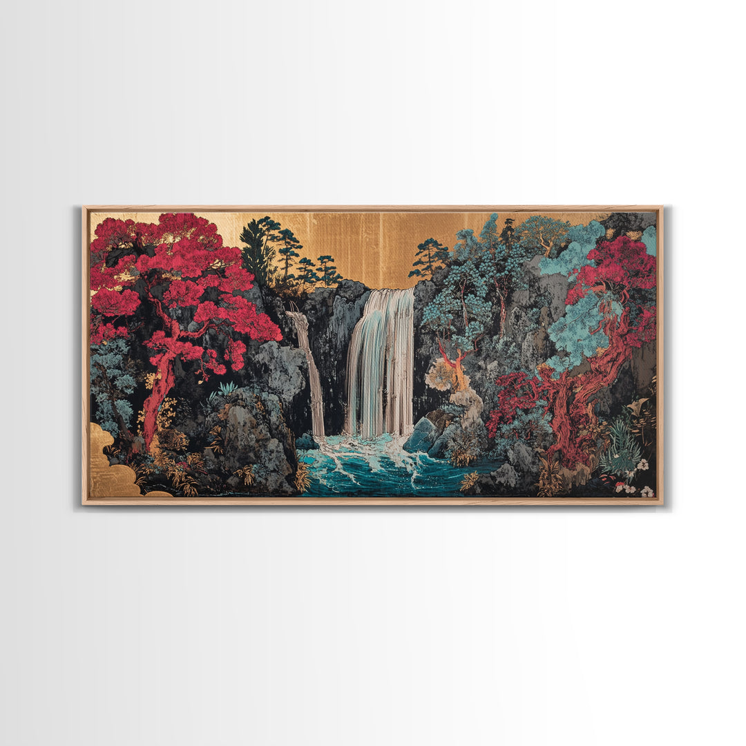 Lush Waterfall With Pink Forest Wall Art, Japanese Garden Canvas Decor, Moody Botanical Landscape Print For Living Room Decor