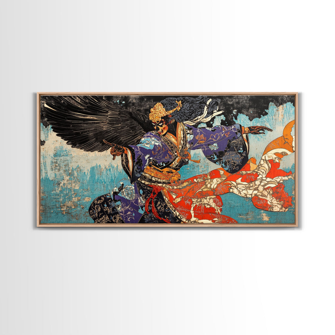 Winged Samurai Warrior In Blue Kimono Wall Art, Japanese Mythological Canvas Decor, Dramatic Fantasy Art Print For Office