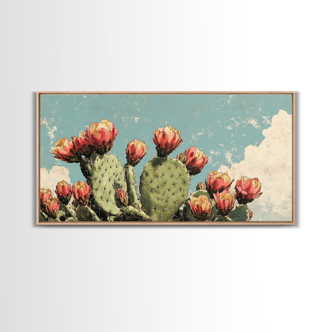 Blooming Prickly Pear Cactus Wall Art, Desert Botanical Canvas Decor, Southwestern Floral Print For Bedroom Or Living Room