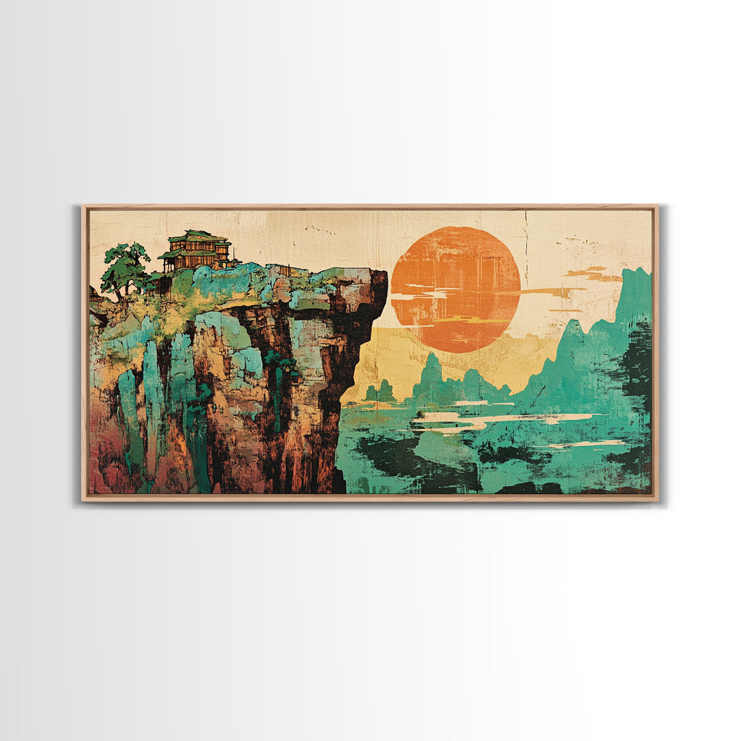 Cliffside Temple And Orange Sun Framed Canvas Print, Asian Landscape Wall Art, Japandi Home Decor For Modern Living Room
