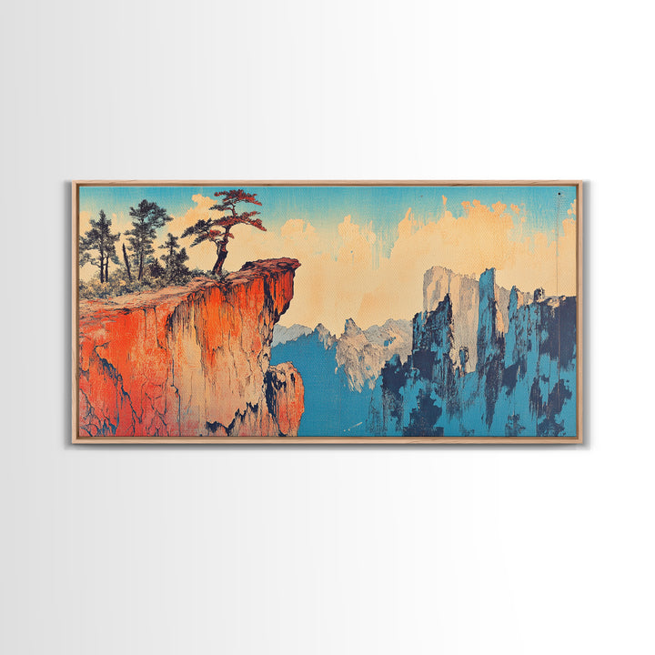 Red Canyon Cliff With Windswept Pines Canvas Print, Asian Mountain Landscape Wall Art, Large Japandi Home Decor For Living Room