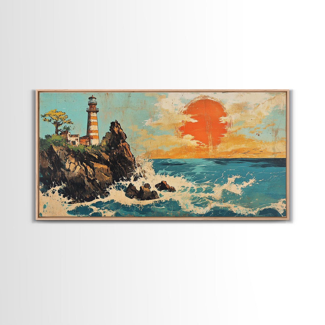 Rocky Lighthouse At Orange Ocean Sunset Framed Canvas Print, Nautical Coastal Wall Art, Beach House Decor Gift For Living Room