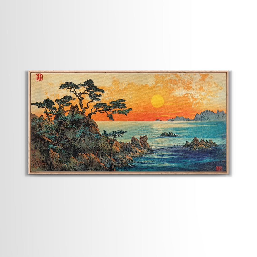 Golden Sunset Over Pine Covered Rocky Coast Canvas Print, Coastal Landscape Wall Art, Serene Beach House Decor For Living Room