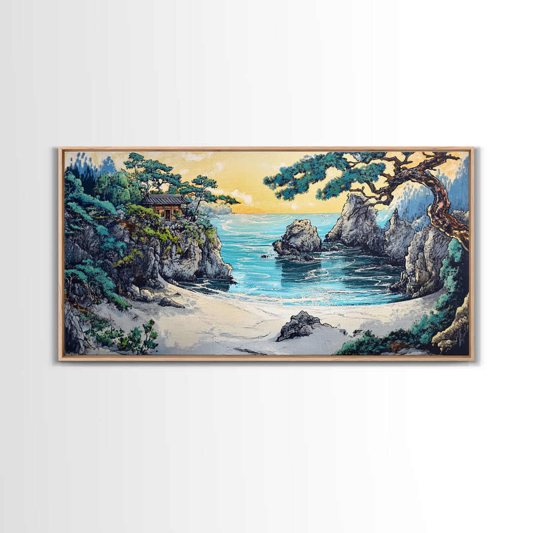 Secluded Turquoise Cove With Cliffside Temple Framed Canvas Print, Japanese Coastal Wall Art, Japandi Home Decor For Living Room