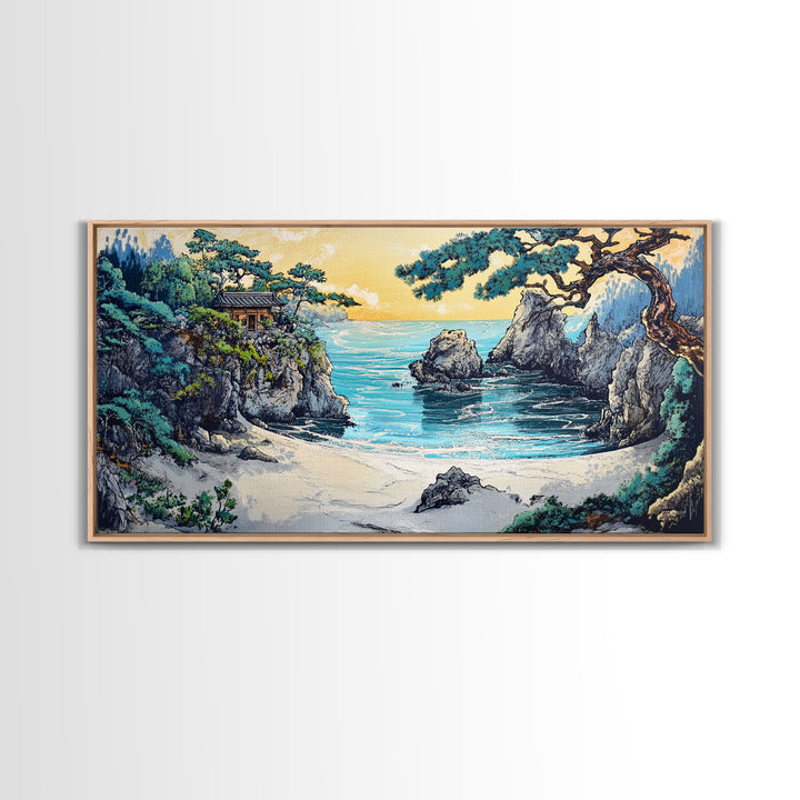Secluded Turquoise Cove With Cliffside Temple Framed Canvas Print, Japanese Coastal Wall Art, Japandi Home Decor For Living Room