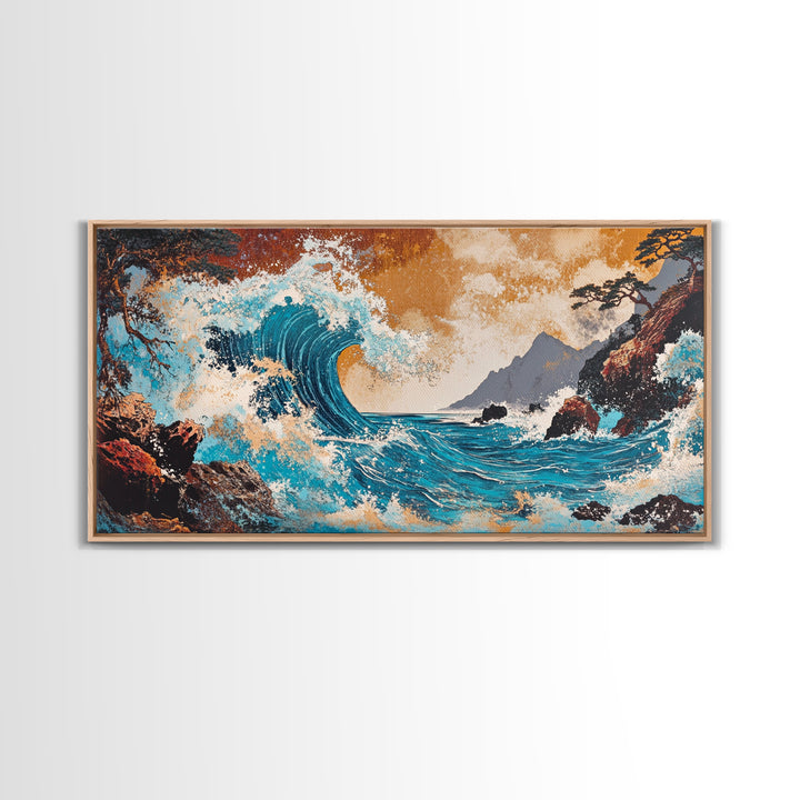 Crashing Turquoise Wave Between Rocky Cliffs Canvas Print, Japanese Ocean Wall Art, Dramatic Coastal Home Decor For Living Room