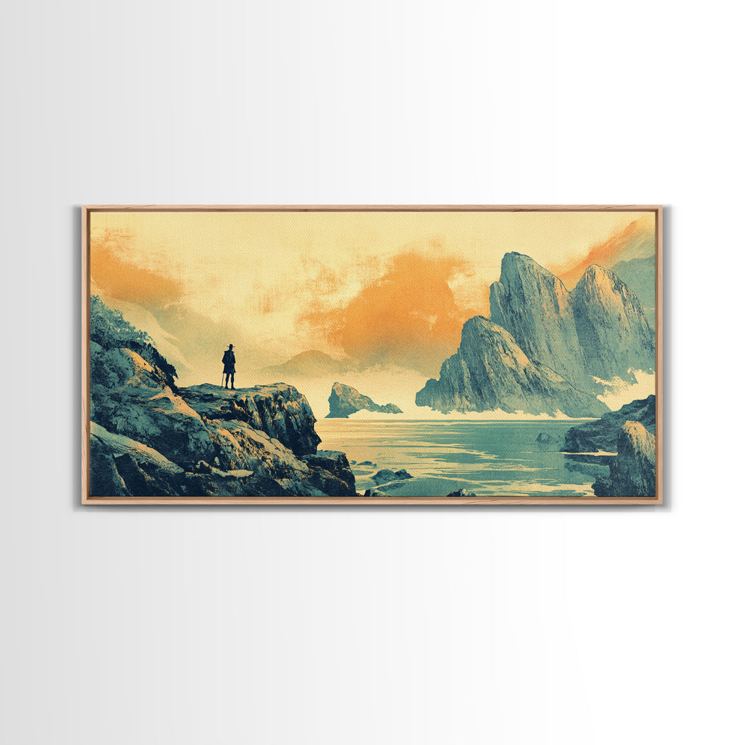 Lone Traveler Over Misty Mountain Lake Framed Canvas Print, Asian Landscape Wall Art, Calming Japandi Home Decor For Living Room