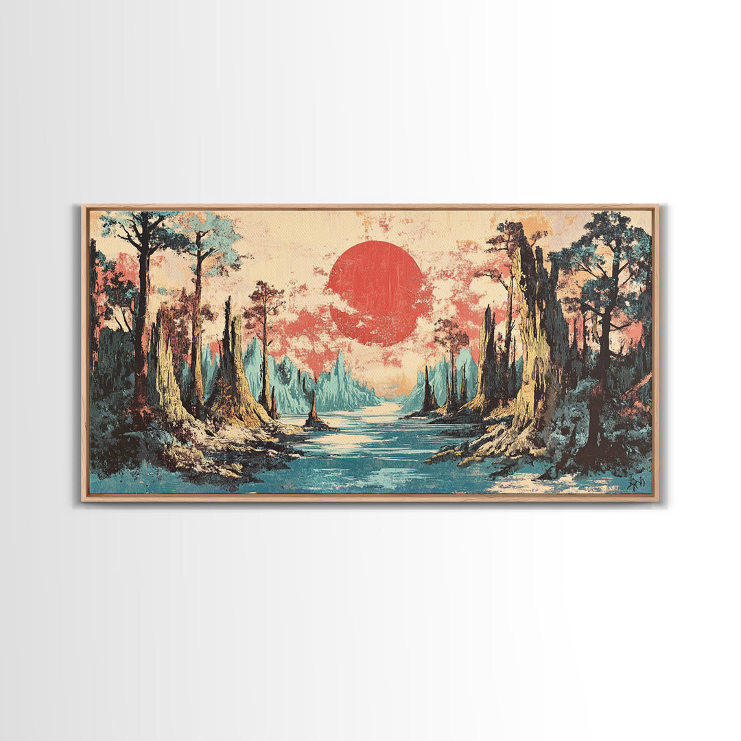 Cypress Swamp River At Red Sun Sunset Canvas Print, Bayou Landscape Wall Decor, Rustic Nature Art, Living Room Decor, Housewarming Gift