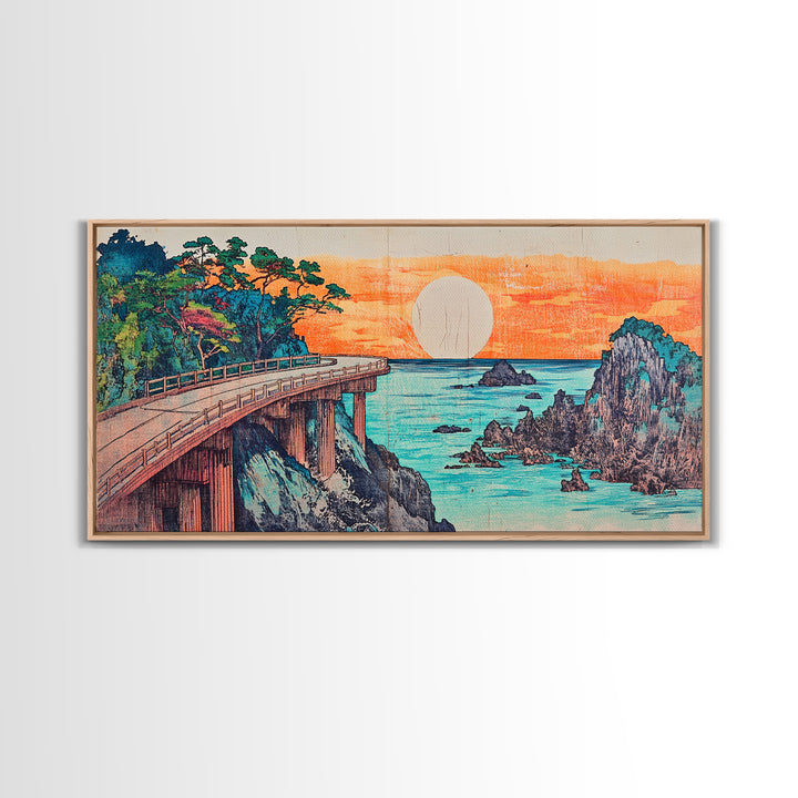 Retro Coastal Bridge Over Turquoise Sea Framed Canvas Print, Japanese Landscape Art, Beach House Decor, Large Wall Art, Art Print