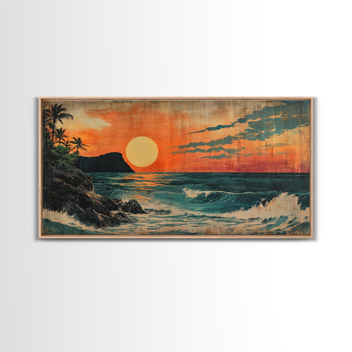 Tropical Island Sunset With Orange Sky And Waves Framed Canvas Print, Coastal Wall Art, Beach House Decor, Ocean Art, Living Room Decor