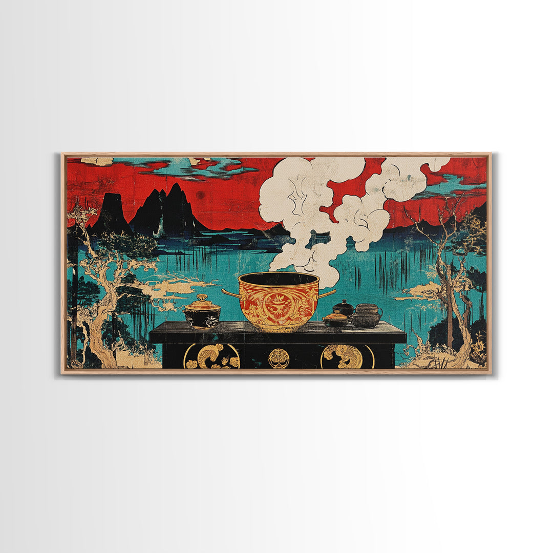 Steaming Tea Pot Before Asian Lake And Red Sky Canvas Print, Japanese Kitchen Wall Art, Zen Dining Room Decor, Tea Lover Gift