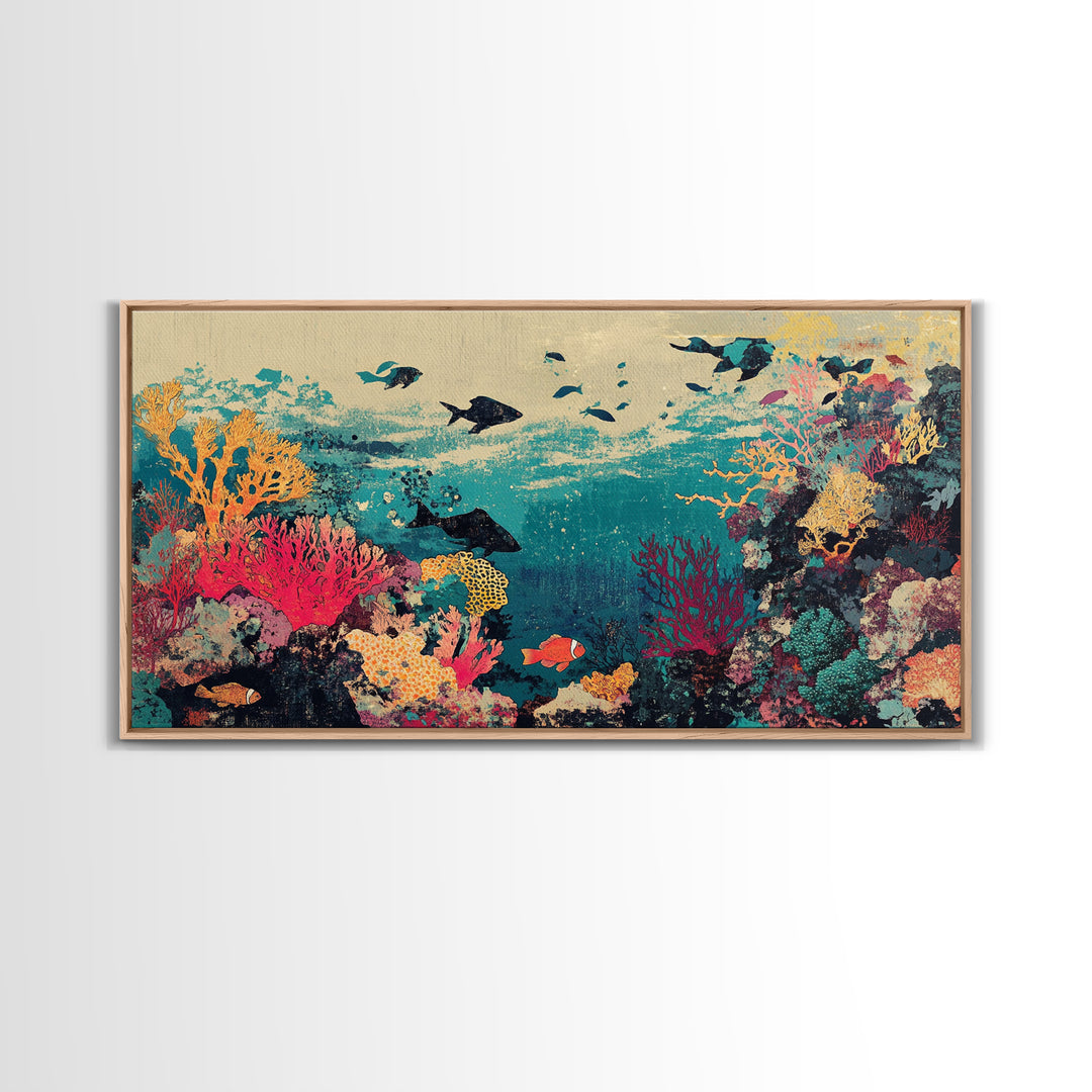 Vibrant Coral Reef Fish And Sharks Wall Art, Coastal Ocean Canvas Decor, Tropical Sea Life Print, Beach House Gift, Living Room Decor
