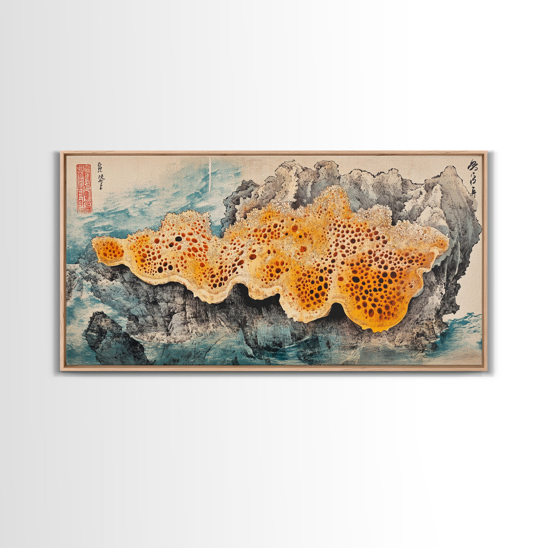 Orange Sea Sponge On Rock Wall Art, Japanese Coastal Print, Ocean Life Decor, Textured Marine Canvas, Beach House Gift, Wall Decor