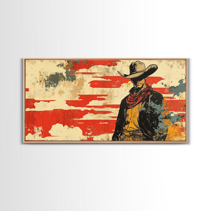 Lone Cowboy Under Red Sky Wall Art, Western Canvas Print, Rustic Ranch Decor, Masculine Office Art, Gift For Him, Cowboy Wall Decor